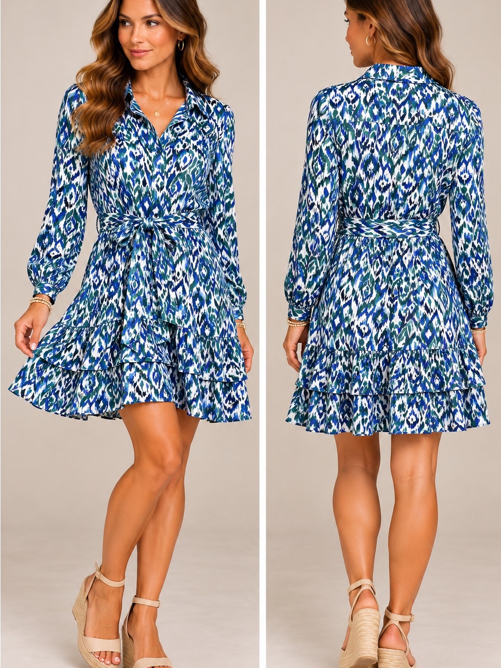 Blue & White Ikat Tie-Waist Mini Dress
